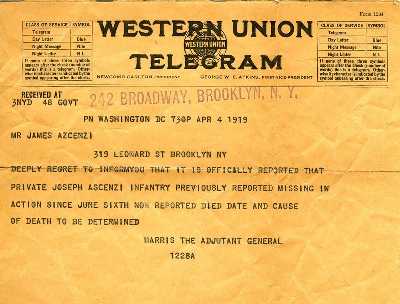 The telegram announcing the death of Pvt. Joseph Ascenzi. April 4, 1919. (.)