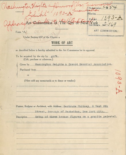 The original document submitted to New York City to approve the installation of the monument