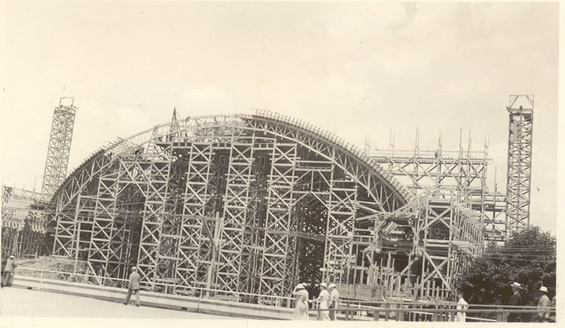 Concrete pours to build the roof of the stadium.