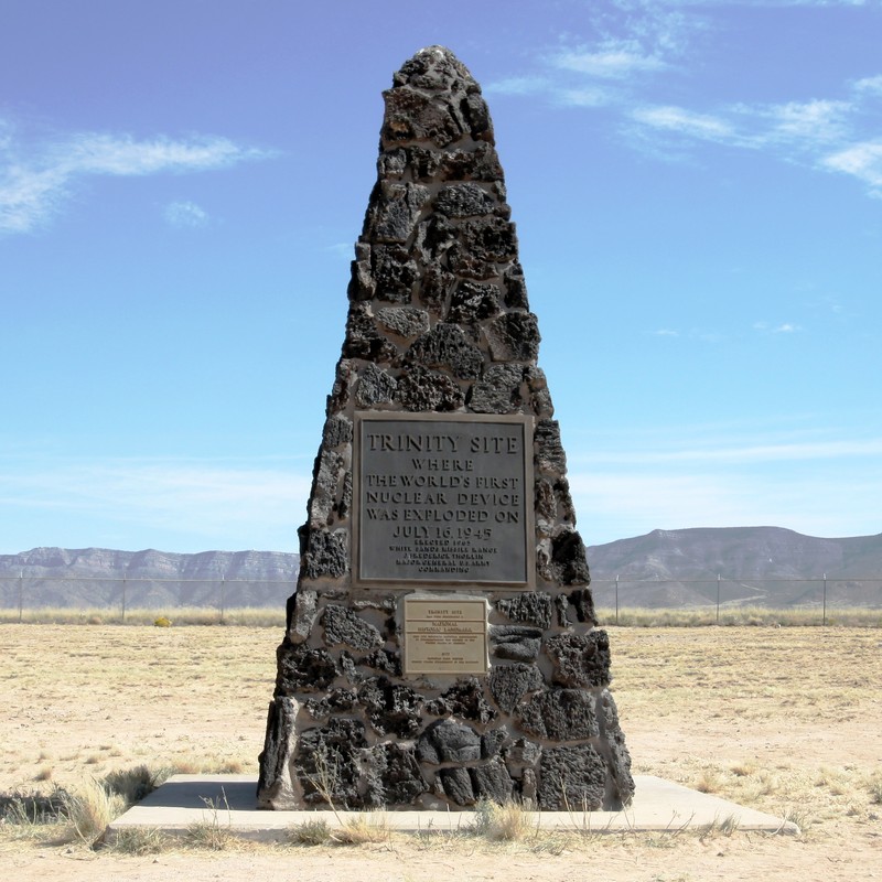 The obelisk marks the exact location where the first atomic bomb exploded. The inscription reads, "The Trinity Site Where the World's First Nuclear Device was Exploded on July 16, 1945, Erected 1965." (Courtesy of flickr.com)