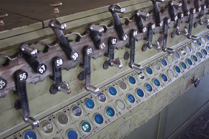 A close-up of some of the interlocking machine's 113 levers.  