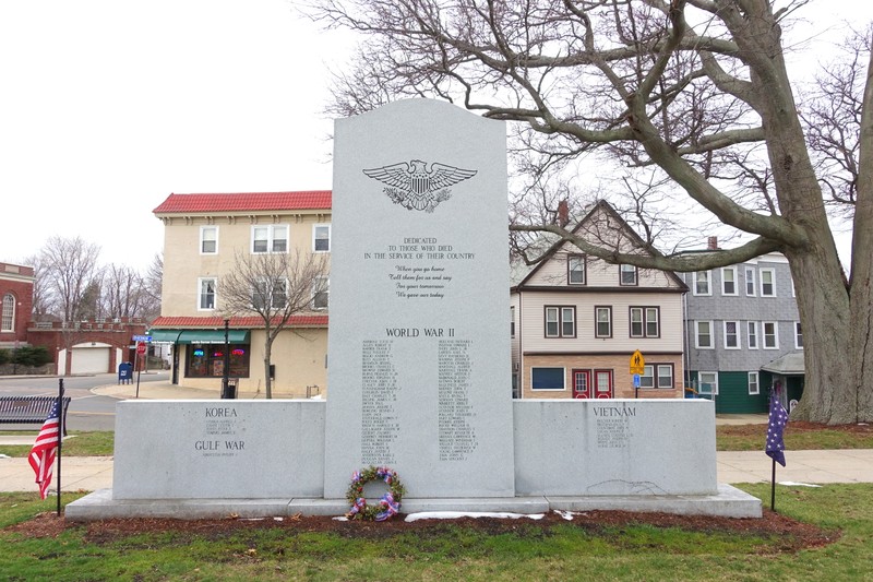 Photo of the monument, which stands in the middle of Metcalfe Square in Winthrop, Massachusetts. On this monument is all the names of the men and woman from Winthrop who served in World War II, Korea, Vietnam War, and Gulf War respectively.