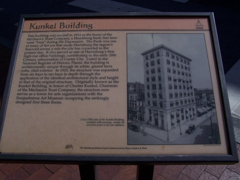 The local historical marker for the Kunkel Building.