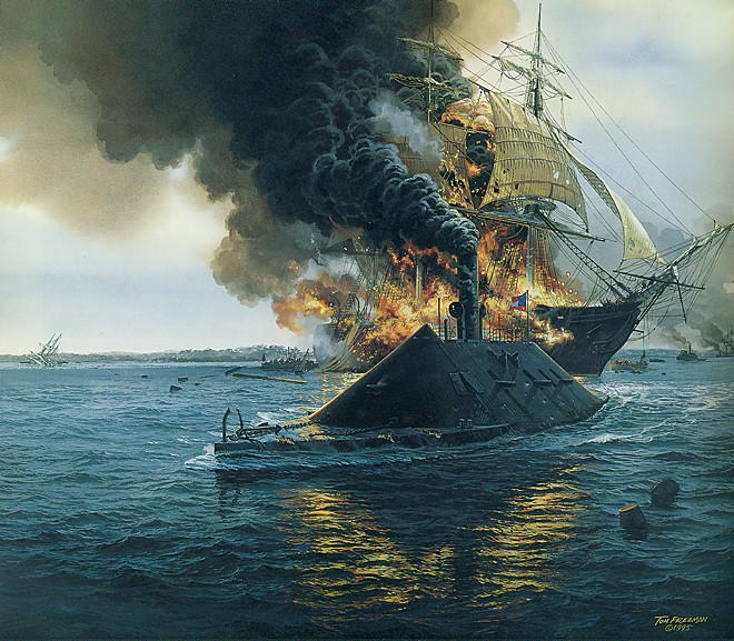 CSS Virginia steams past the flaming USS Congress.  Painting by Tom Freeman.