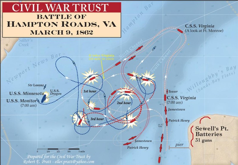 Map of the duel between the Monitor and Merrimack at Hampton Roads.