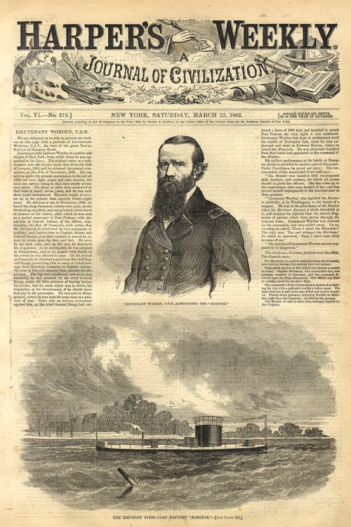 Article from Harper's Weekly, written two weeks after the battle.  Celebrates the role of Lt. Worden, USN, commander of the USS Monitor.
