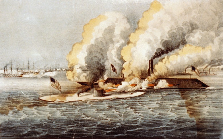 An artist's impression of the battle between ironclads.