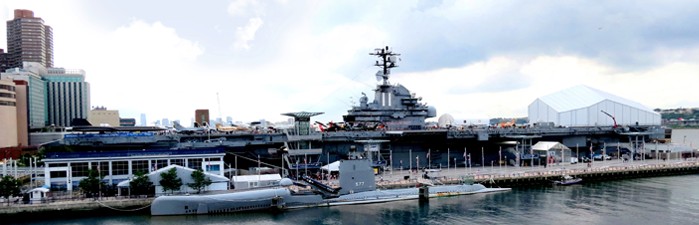 A view of the Intrepid Museum taken from river level.