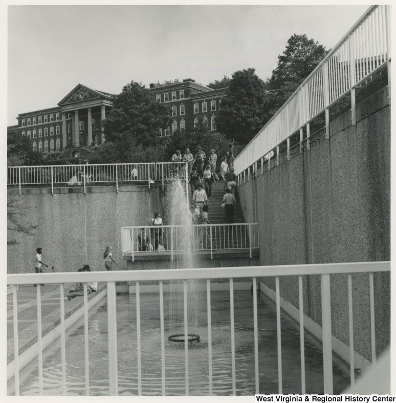 Woman's Hall as seen from the Mountainlair Fountain in the 1970s. Replaced by the Mountainlair Garage and Plaza. Photo courtesy of the West Virginia and Regional History Center.
