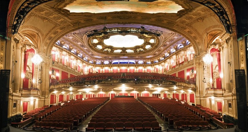 A view of the renovated interior of the Boston Opera House from the stage.

 © 2013 Geoffrey Goldberg Photography