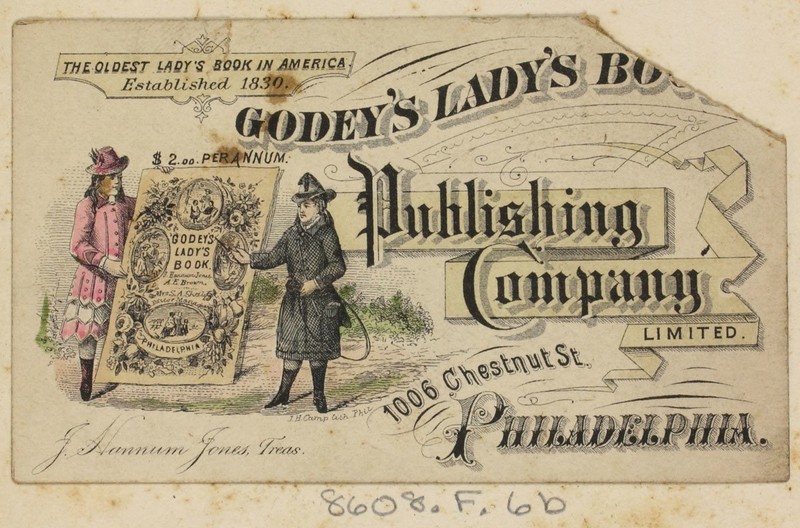 Trading card for women's periodical containing a vignette showing two young, well-dressed ladies with a life-sized model of "Godey's Lady's Book."