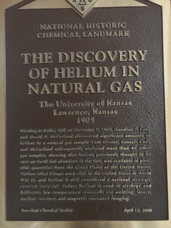 A plaque celebrating the discovery of helium in natural gas from the American Chemical Society. 