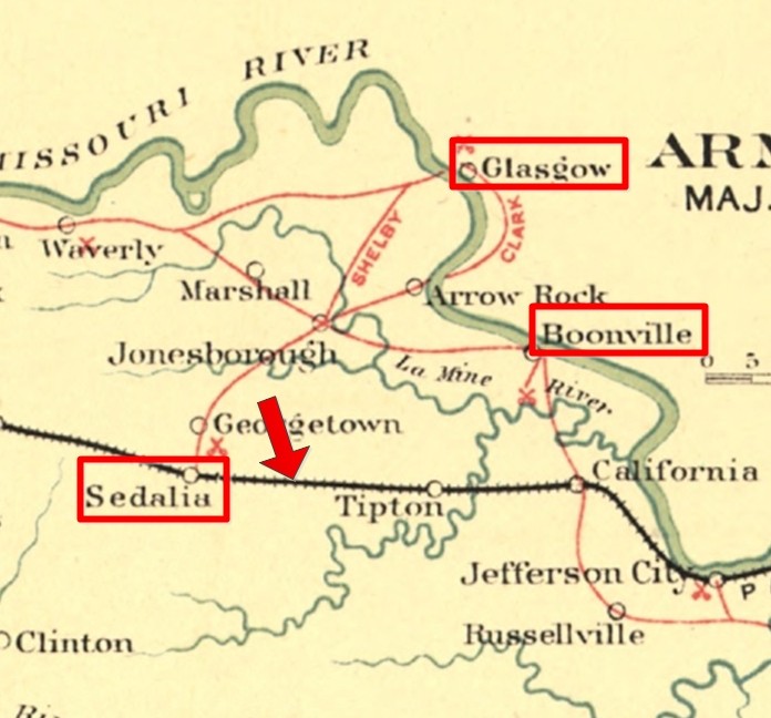 Map showing the positions of Sedalia and Glasgow on Price's march from Boonville. Courtesy of Craig Swain.