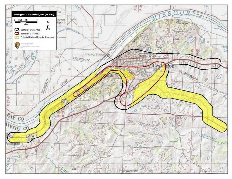 National park survey of the battlefield. Compared to the 1st Battle of Lexington in 1861, the 1864 battle was fought farther south, at the edge of town near modern-day Highway 24.