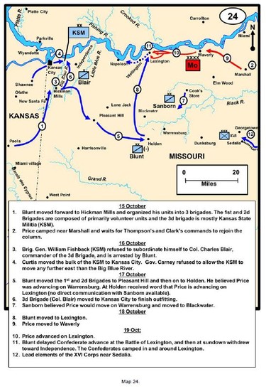 A map of Price's Raid in the days leading up to Lexington, from Charles D. Collins, Jr.'s excellent overview, "Battlefield Atlas of Price's Missouri Expedition of 1864." 