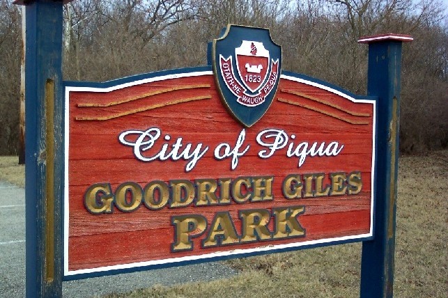 The sign for nearby park dedicated to local Black business leader Goodrich Giles.