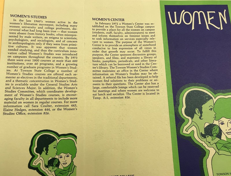 Pamphlet: TSC Women's Center Board & Women's Studies, Towson University Archives Box 44 Folder 8 UAO30000 Women, 1972.