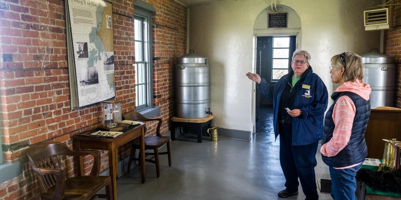 The attached workhouse is connected to the actual lighthouse. This was used to pump the oil to the lens, in order to give off the light to sailors.