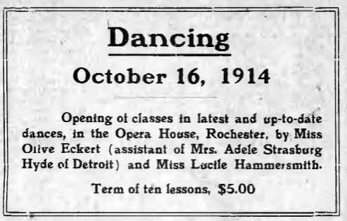 Newspaper advertisement for dancing lessons at the Rochester Opera House, 1914