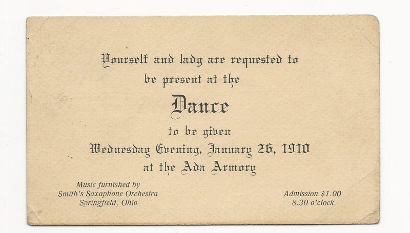 1910 invitation for a dance held at the Armory (back)