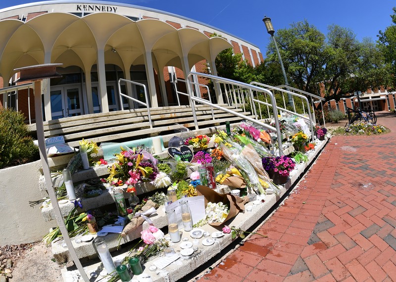 The steps of the Kennedy Building after the April 30th tragedy, with flowers and other offerings.