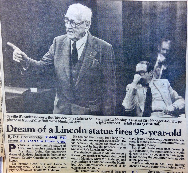 An image of the Kansas City Star article detailing Mr. Orville Anderson's advocacy on behalf of the installation of a statue of President Abraham lincoln.