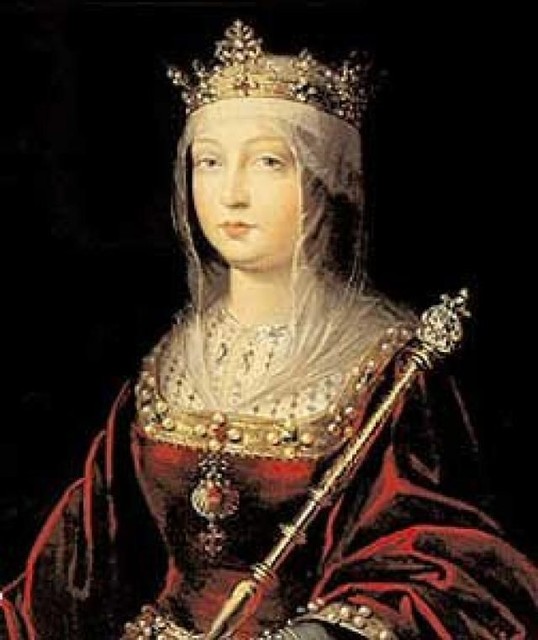 Isabella of Castille poses for her portrait, demonstrating her royal jewels, scepter, and wardrobe she was renowned for by her constituents. 