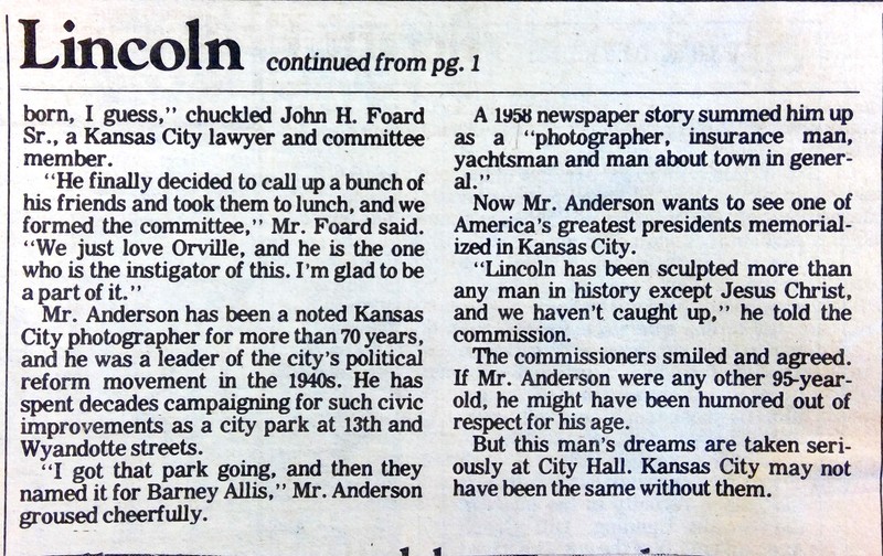 An image of the continuation of the Kansas City Star article detailing the advocacy of Mr. Anderson for the installation of a statue of President Abraham Lincoln.