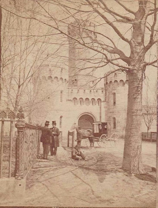 Lancaster County Prison before the iron gates were removed in the 1920s and the 110-foot tower was removed in 1886.
