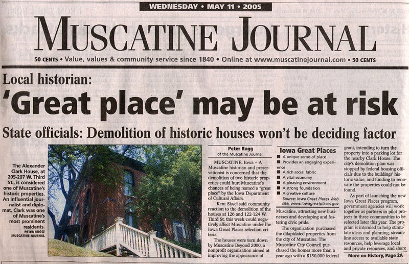 Article from the Muscatine Journal discussing the possible demolition of the Alexander Clark House.
Photo provided by Muscatine-tours.com