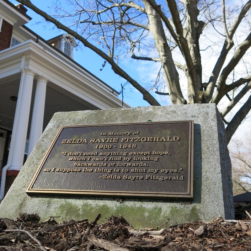 Plaque resting on the front lawn of Highland Hall. It stands as a memorial to Zelda Fitzgerald.