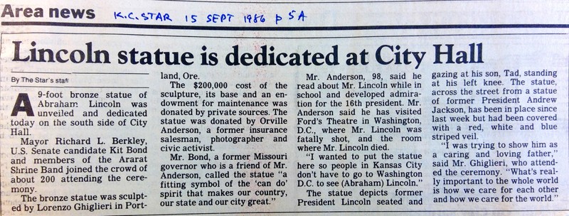 An image of the Kansas City Star Article detailing the dedication ceremony for the statue of President Abraham Lincoln and his son Tad in September of 1986.