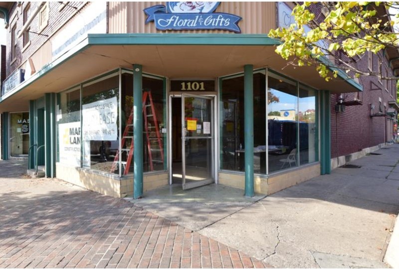 2017 photograph corner entrance 1101 Mass. St. before exterior renovations (KSHS)