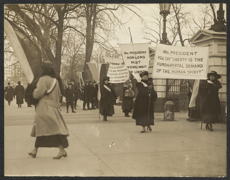 Picketers held signs that directly called upon President Woodrow Wilson to respond to their calls for liberty and democracy. Library of Congress. 