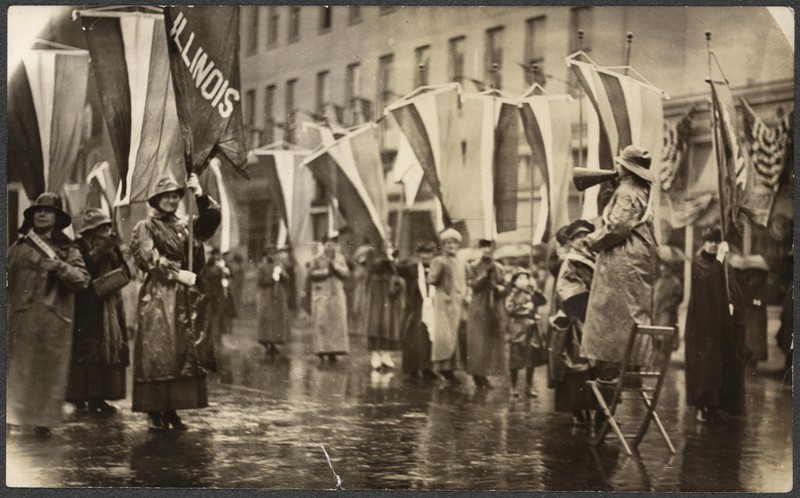 On March 4, 1917, during Wilson's second inauguration, a group of 1,000 protesters marched around the White House for women's suffrage. Library of Congress.