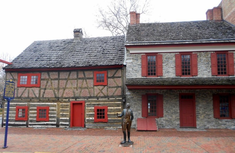 The Golden Plough Tavern (left) and the Gates House were constructed in the mid-18th century.  That's a statue of the Marquis De Lafayette in the foreground.  