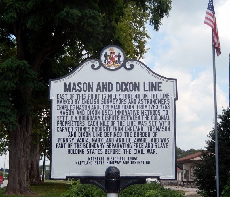Historical marker located at the border between Maryland and Pennsylvania, The Mason and Dixon Line.