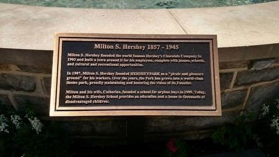 Historical Marker by the statue of Milton Hershey in Hersheypark