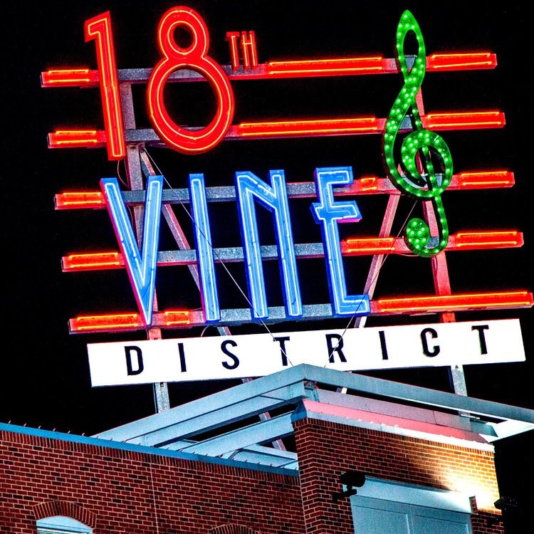 The distinct gateway sign to the historic 18th & Vine Jazz District