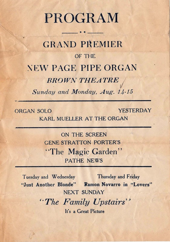 This program commemorates the dedication of the Page Pipe Organ at the theatre on August 14 & 15. (August 14 was a Sunday in 1910.)