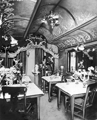 The dining room of the Everleigh Club had been specifically designed to resemble a Pullman Car. It was but one of the themed rooms created by Minna and Ada.