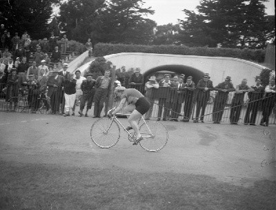 A 1945 bicycle race at the original velodrome, located at the site of the Polo Fields in Golden Gate Park