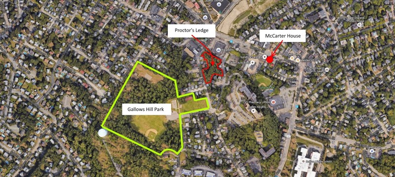 Here is an overview of the town of Salem. Depicted is the outline of Gallows Hill, as well as the location of Proctor's Ledge. Source: http://beingbutmen.blogspot.com/2016/02/at-last-at-last-for-175-years.html