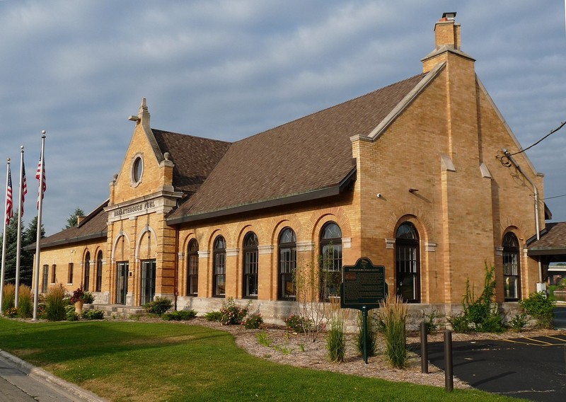 2012 photo of the Milwaukee Road Depot in Green Bay, Wisconsin was built in 1898 in Flemish Renaissance Revival style.