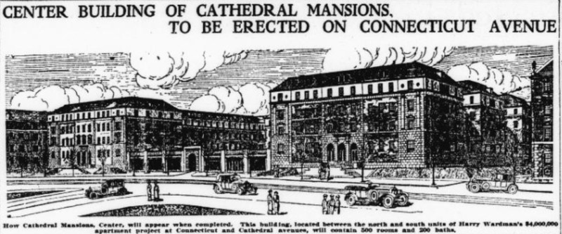 A 1923 article from the newspaper Evening Star says the luxurious Cathedral Mansions Center will include "500 rooms and 200 baths." Library of Congress.