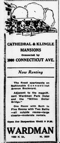 Cathedral Mansions North was once known as Klingle Mansions, named for the nearby Klingle Valley. The Klingle Valley Bridge would be constructed in 1931. The bridge mentioned in this 1924 ad references the Taft Bridge. Library of Congress.