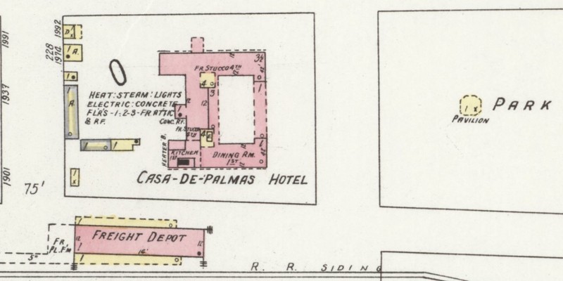 Casa de Palmas Hotel, railroad depot, and park on 1925 Sanborn map (p. 7)