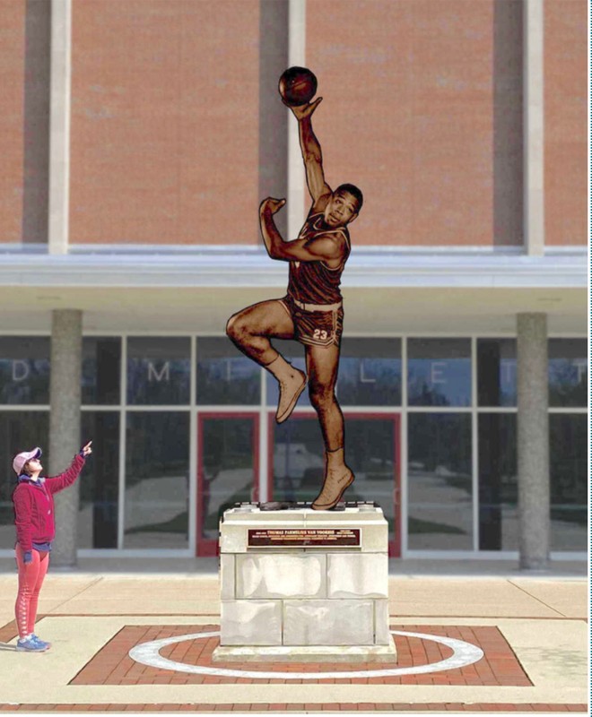 Sketch of Embry's famous hook shot in front of Millett Hall