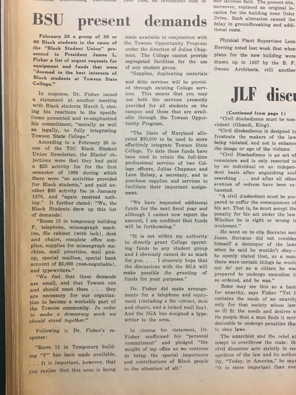 This article is from the Towerlight, outlining the details of Occupy Towson, a historic event for the African American community on Towson University