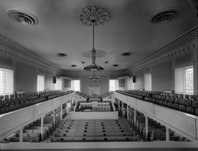 Interior view from balcony toward pulpit, view to west, 1968 Fairbanks photo (HABS UT-16)